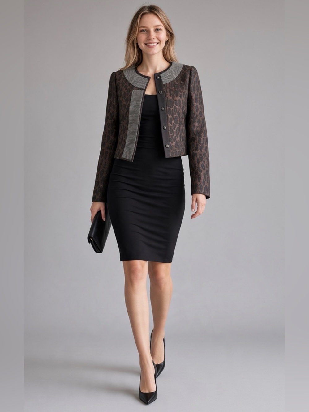 BCBGMAXAZRIA Dark Java Leopard Print Cropped Jacket Wool & Silk Trims Size S
